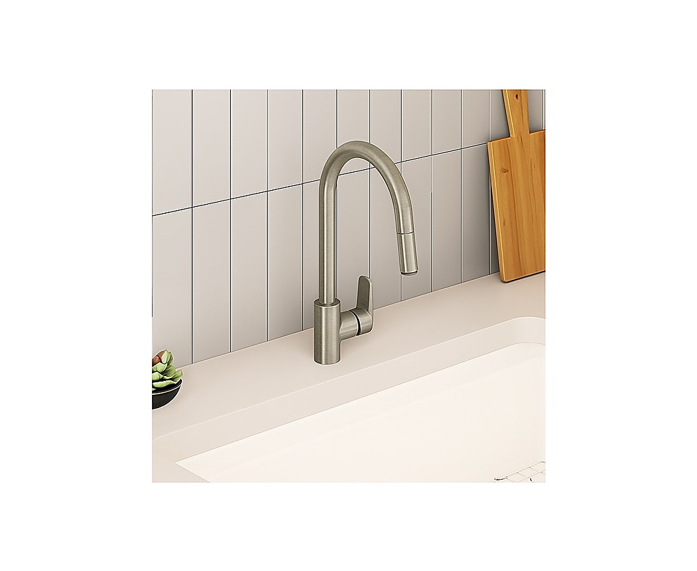 Isı ve debi limitörlü özel kartuş Flow Soft Eviye Bataryası (C-tip, pull-out) Fırçalı nikel